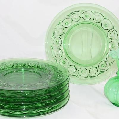 L.E. Smith Glass "Moon and Stars" Set of 6 Green Salad Plates shown with Green Cased Glass Vase