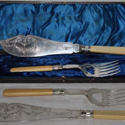 (1862- 1900's) Sterling Bone Handle Fish Serving Set. 12" Knife/Blade 8" x 2".   9" Fork/Prong Server 5.5"...