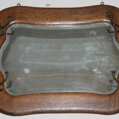 Antique Quarter Sawn Framed Bevel Mirror with Hat Hooks (34"W x 23H)