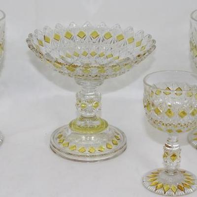 Antique Pattern Glass Stained "Diamonds"  Compote Water (2) and Liqueur Goblets 