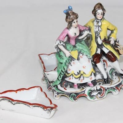 Antique Germany Porcelain Courting Couple Cigarette Caddy with Ashtray