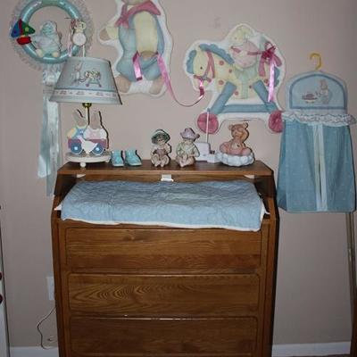 Child Craft Solid Oak 4-Drawer Changing Table with Hinged Fold Down Top Shown with Nursery set
