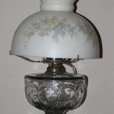 Antique Large Pattern Glass Oil Lamp W/ Electric Adapter and Late Floral Glass Shade