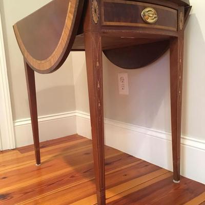 Stickley Pembroke Mahogany Drop Leaf End Tables with Drawer and Medallion and Bell Flower Inlay