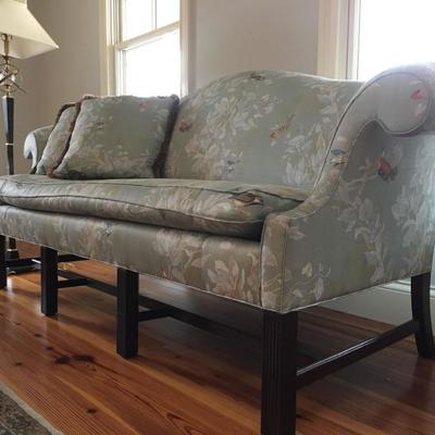 Stickley Rolled Arm Camelback Sofa in a Whimsical Upholstery with Bird Motif 