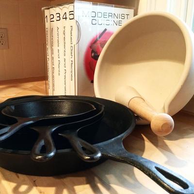 Cast Iron Cookware, Worlds Largest Mortal and Pestle, Modernist Cuisine Five Book Set in Plastic Case