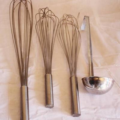 Lot of BIG / TALL Restaurant WHISKS and a LADLE - ...