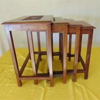 Four Brass Inlaid Wood Nesting Tables