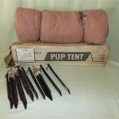 Vintage Pup Tent, Sleeping Bag and Stakes