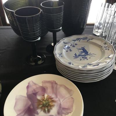 Wedgwood Desert Plate Set, Longchamp Desert Plate Set, Ralph Lauren Glass Vases and Goblets 