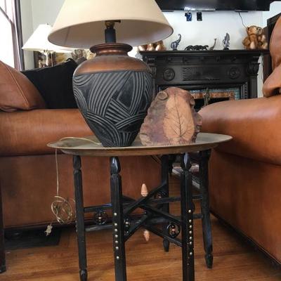 Copper Tray on Stand, Copper Lamp, Studio Pottery