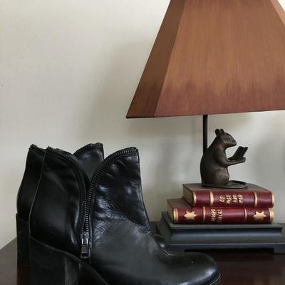 Leather Ankle Boots, Library Lamp with Mouse Figure and Books