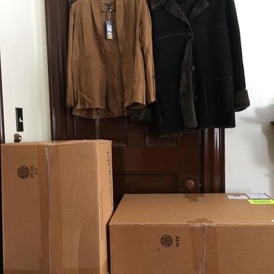 Hudson Valley "Vintage Brass" Floor Lamp and Shade NIB, Shearling Coat, Suede Coat