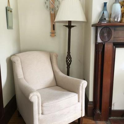 Hermle Wall Clock, Iron Twist Floor Lamp, Slopped Arm Chair 