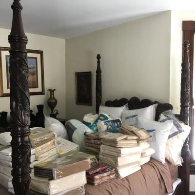Ralph Lauren Carved Four Post Bed, NEW Sheets and Bedding 