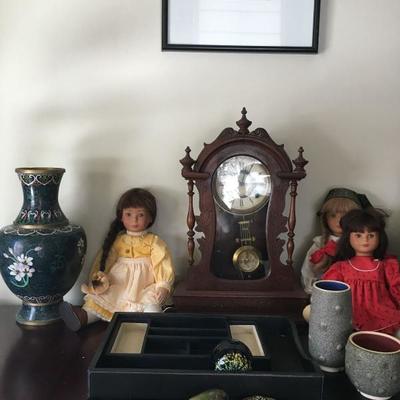 Steiff Dolls, Gingerbread Style Clock, Cloisonne Vase, Enameled Desk Set 