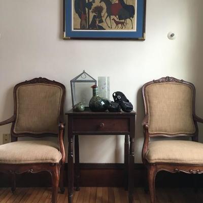 Ralph Lauren Queen Anne Style Arm Chairs, Antique Single Drawer Lamp Stand