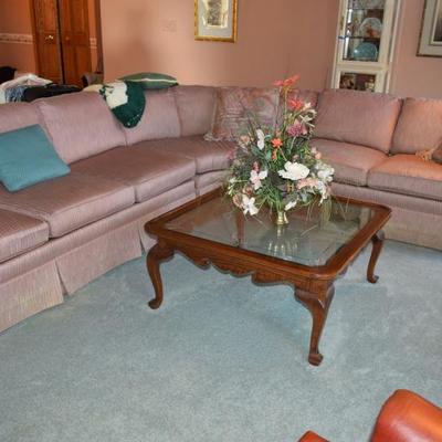 Sectional sofa, glass top coffee table