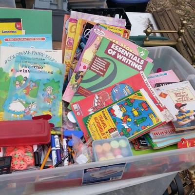bins of craft supplies, kids stuff, crayons, coloring books etc from vintage to modern