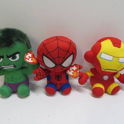 Hulk, Sipderman, and iron man beanie babies