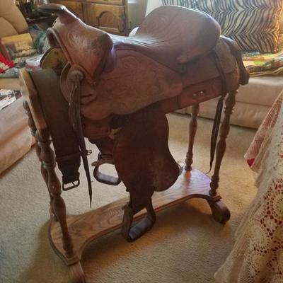 Vintage leather saddle with stand $595..now 50% off