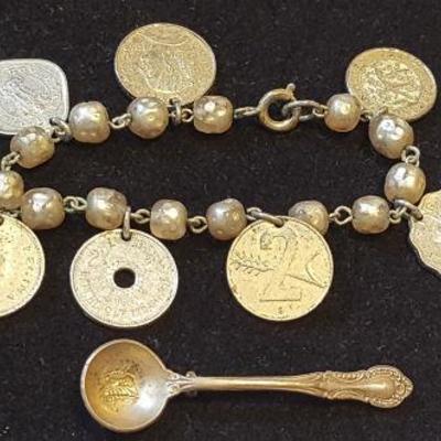 NPT099 Foreign Coins Charm Bracelet, Fine Arts Sterling Spoon Pin 
