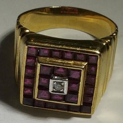 NPT082 Men's 750 Gold Ring with Garnets & Diamond
