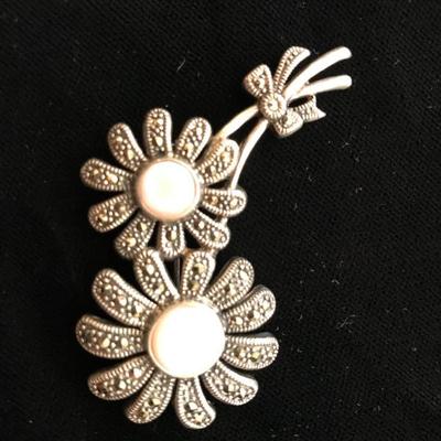.925, Marquisite, & Mother of Pearl Floral Spray Brooch  $40
