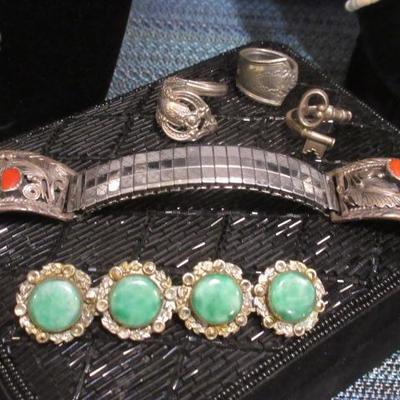 Turquoise men's wrist watch band made with real turquoise and coral stones in a silver setting; plus a beautiful vintage green turquoise...