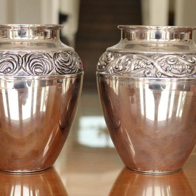60) 2 Silverplated Urns
Size: 7 Inches High x 6 Inches Wide
Asking Price: $55 Each or $110 for Pair