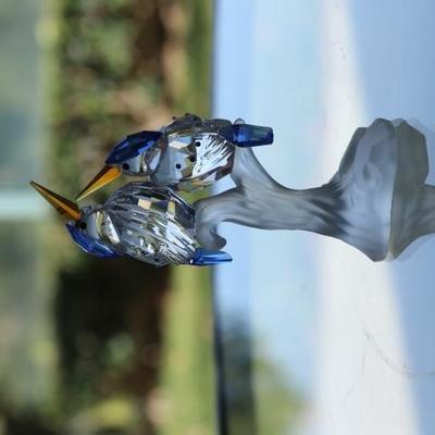 18) Swarovski Malachite Kingfisher Birds Figurine Sapphire Topaz Crystal Retired - Kingfishers perched on frosted base with topaz beaks...