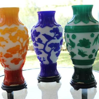 22) Set of 3 Peking Cameo Glass Urns – 
Size:  12 Inches High x 6 Inches Wide
Asking Price: $675 for all 3