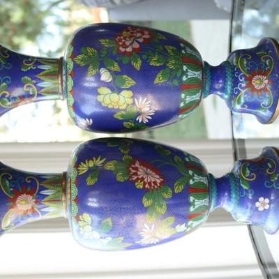 23) Pair of Vintage cloisonné vases with Cobalt blue as the main color. Features large flowers and butterflies.
Size: 13 Inches High x 5...