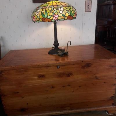 colonial period trunk with Miller Co. Stained glass lamp