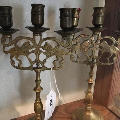 Vintage lion brass candle holders 