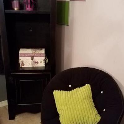 Black Wood Book Shelves/Display & Moon Chair