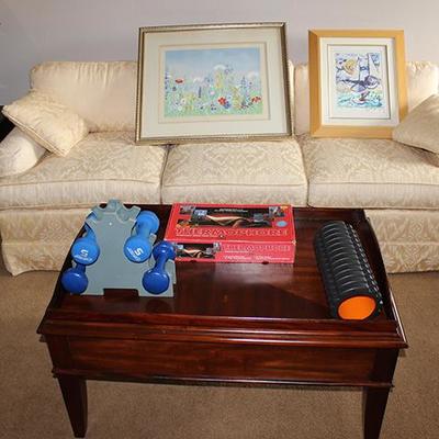 Sofa, artwork, coffee table, weights