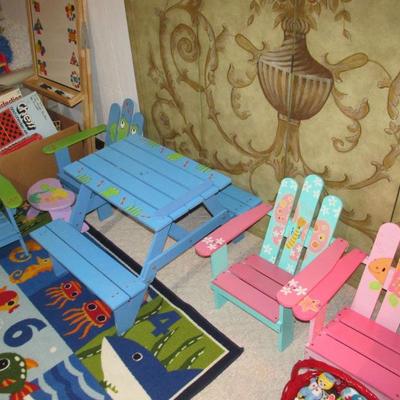Kid's picnic table and Adirondack chairs