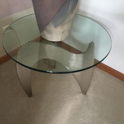 glass topped end table w/ stainless steel base
