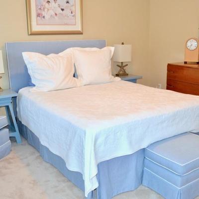 Custom queen bed with upholstered headboard (Mattress not for sale)