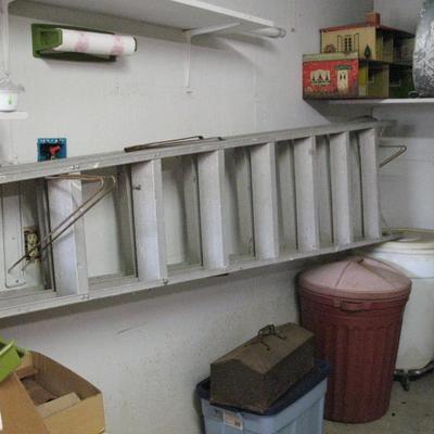 Garage items, ladder, tool box, trashcans