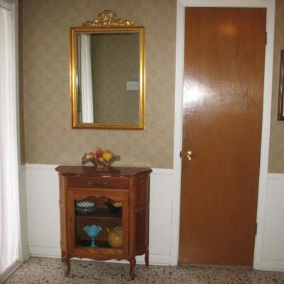 Side table, glassware, mirror, clock