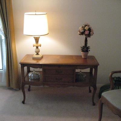 Vintage console table, lidded dishes, lamp, chair