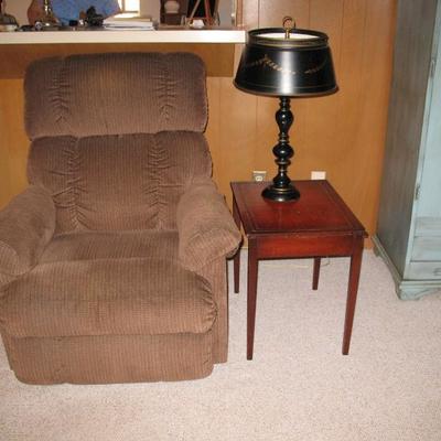 Recliner, side table, lamp