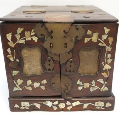 Chinese early 19th c. Mirror Box. A hard solid rosewood Chinese mirror box inlaid in mother of pearl and brass metal, having  handles and...