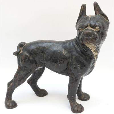 Vintage cast iron Boston Bull Terrier doorstop made by Hubley. Circa 1920s.