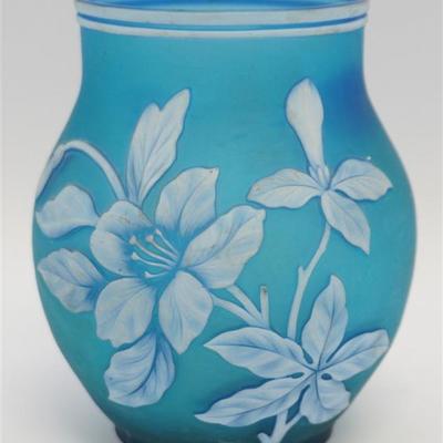 Small Thomas Webb & Sons English Cameo Vase c. 1890. In Prussian blue adorned with leafy stem of two lily blooms, reverse with a...