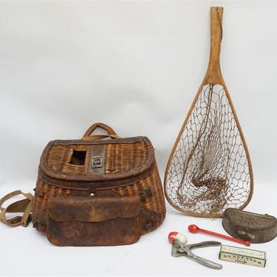 Antique Wicker & Leather Fly Fishing Creel and a Vintage ED Cumings Wooden Fishing Net. 