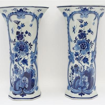 Matched Pair of Antique Royal Delft / De Porceleyne Fles Tall Vases. Perfect for tulips, floral pattern. Hallmarked on bottom. Incised...