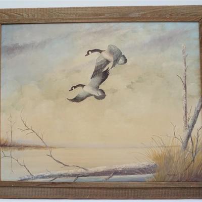 Vintage Oil on Canvas Eastern Shore Maryland Canadian Geese by G. Carroll Thamert Sr.(1926-2010). In real barn wood frame. In frame...